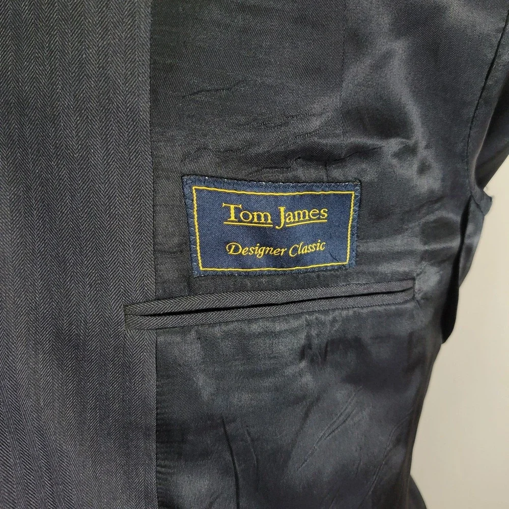 Tom James Men's Sport Coat Blazer‎ Two Button Navy Blue Wool Herringbone 44S